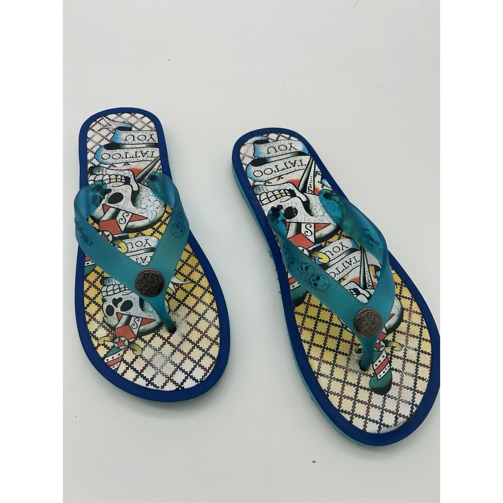 Ed Hardy Men’s Tattoo Skull Graphic Flip Flops Sandals Blue Teal Size 9